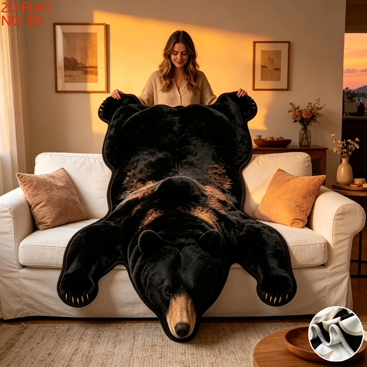 2D Flat Creative Shaped Blanket,Simulated Brown Bear Skin Shaped Blanket-Suitable for sofa,outdoor, camping,living room, office