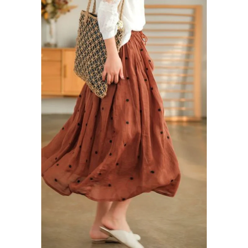 

Women's Design Niche Polka-dot Cotton and Linen A-line Flowing Mid-length Versatile Pleated A-line Skirt