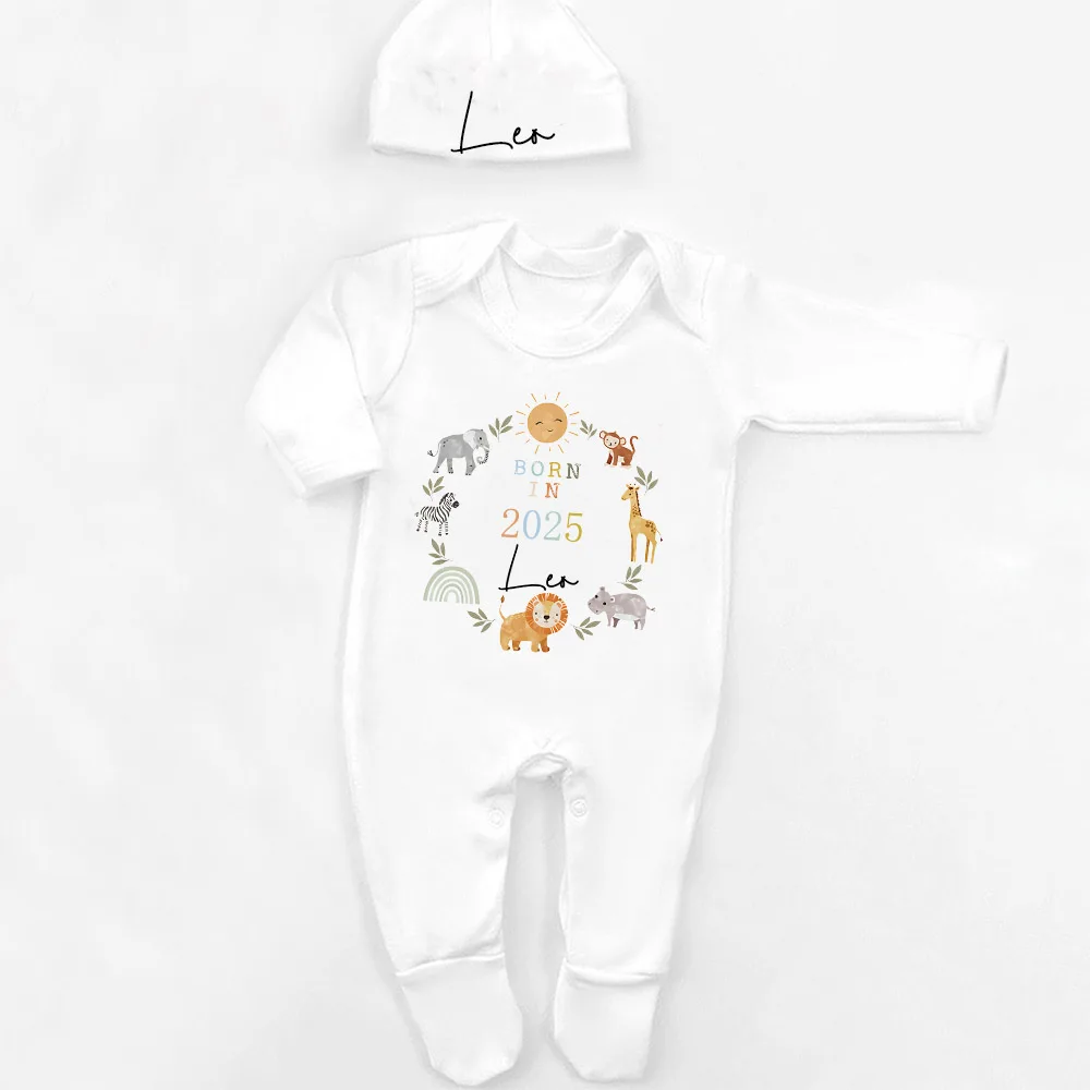 

Personalised Sleepsuit New Baby Gift Safari Babygrow Born in 2025 Gift Going Home Outfit Custom Baby Romper and Hat