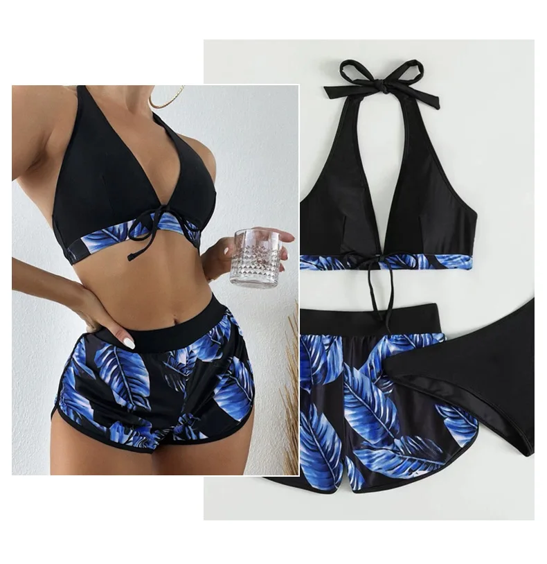 Mujeres 2025 Nuevos Bikinis 6 Colores Sexy Halter Bikini Conjunto de 3 piezas Estampado de hojas Traje de baño de talle 