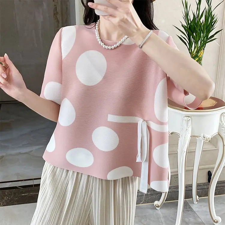 

Polka dot print pleated top loose cover meat lazy wind crew neck t-shirt women's versatile spring and summer casual shirt