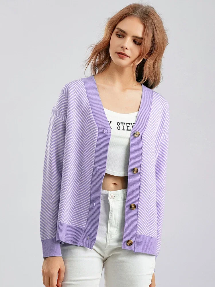 Cardigan rayé à manches longues pour femmes, manteau à col en V, streetwear décontracté chic, tricot vert, automne, hiver, nouveau