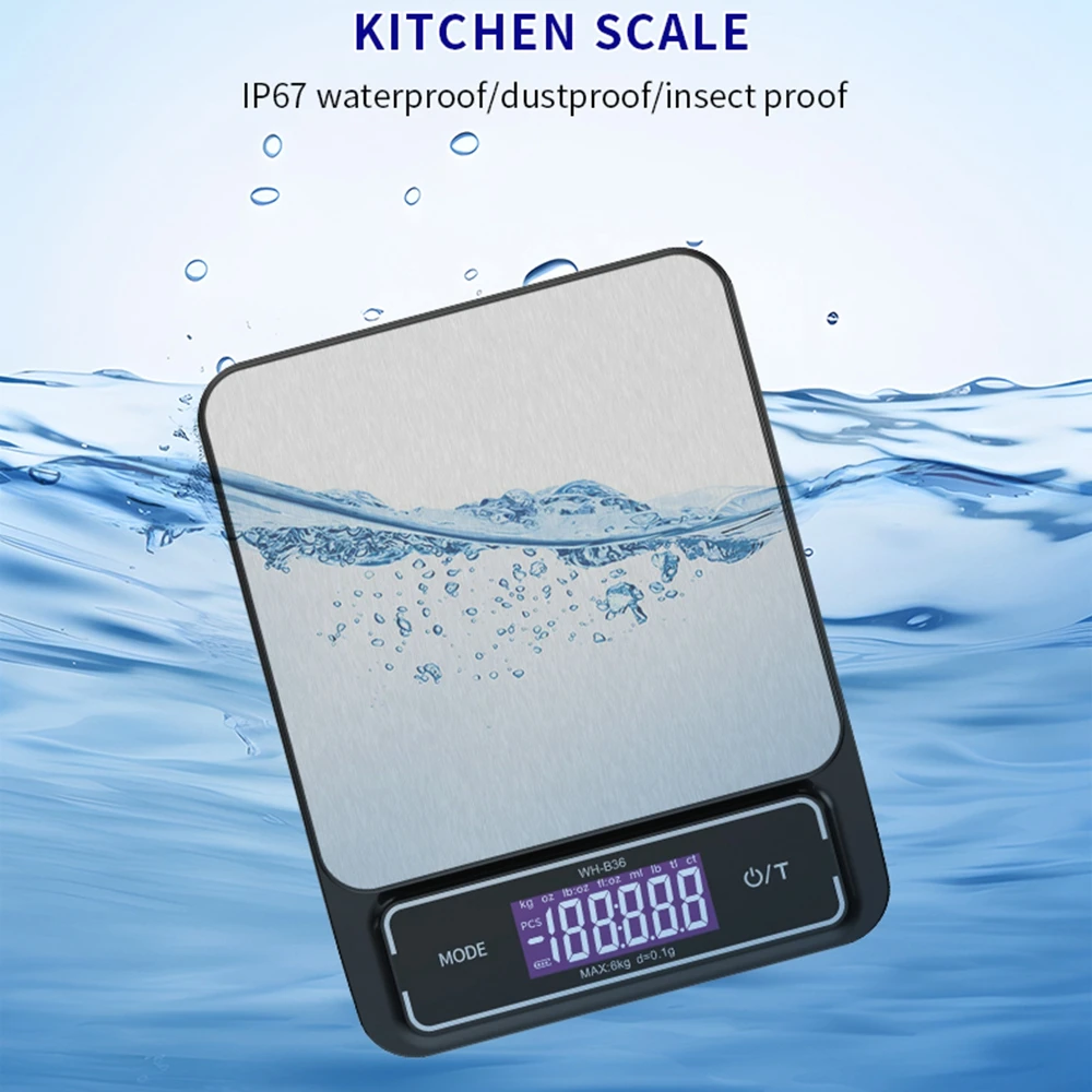 

6kg/0.1g 10kg/1g Digital Touch Kitchen Scale Fully Waterproof Stainless Steel Weighing Recharge Scales Baking Measuring Tools