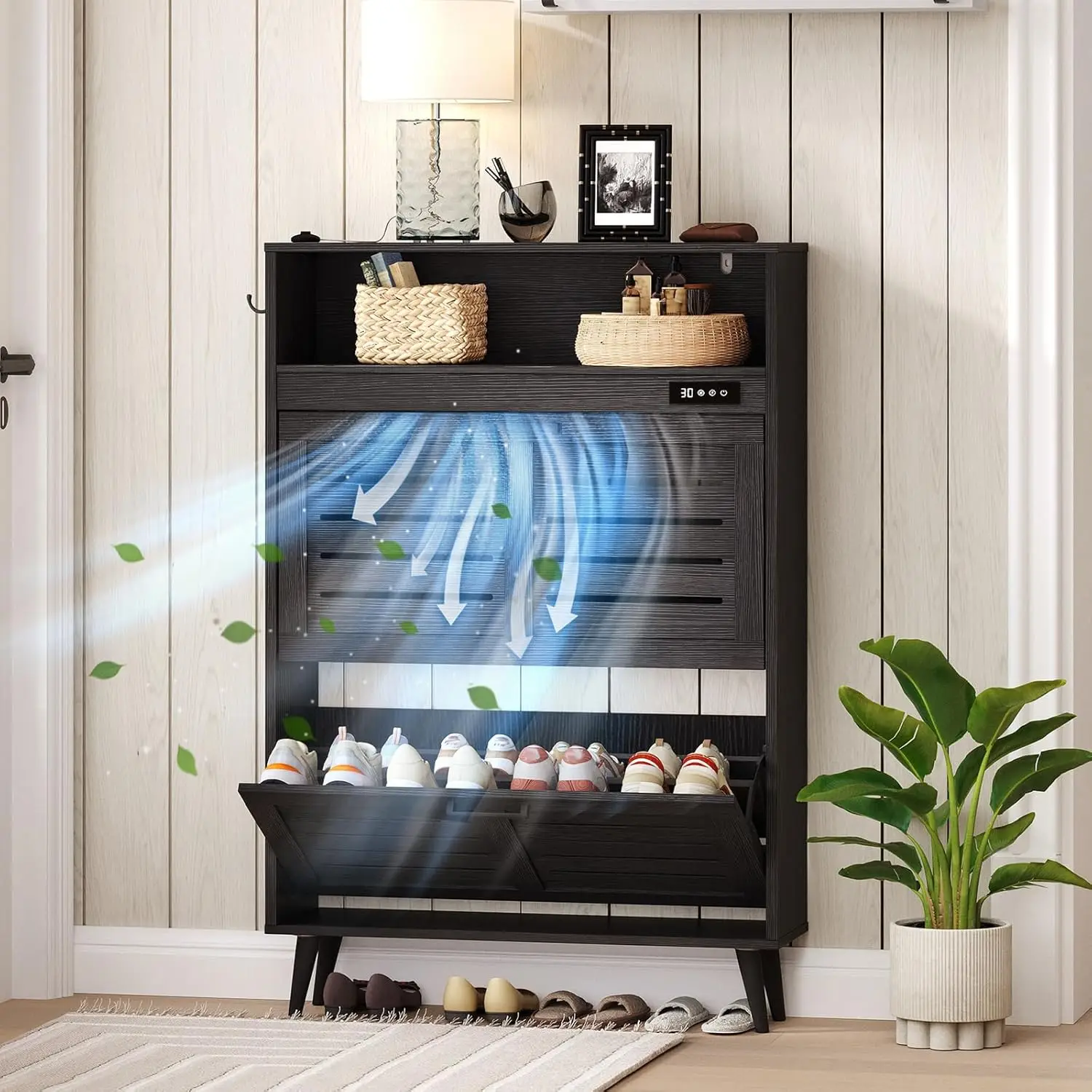 

Shoe Storage Cabinet with 2 Drawers, Deodorizing Organizer, Open Storage, Freestanding Shoe Cabinet