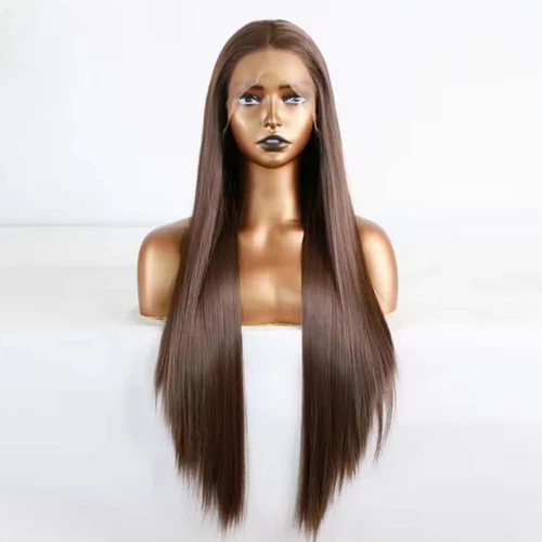 Imagen 2 del producto Peluca marrón oscuro, peluca Frong de encaje sintético, pelo liso de seda, peluca sin pegamento para mujeres, pelucas largas para mujeres, peluca marrón Chocolate para Cosplay