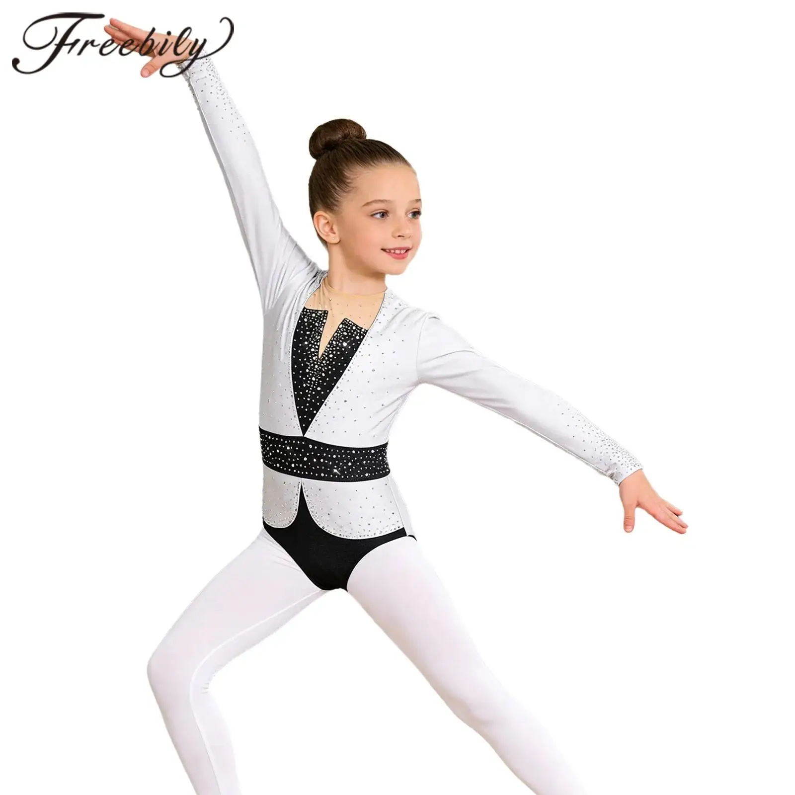 

Kids Ballet Dance Jumpsuit Girls Figure Skating Gymnastics Dance Leotard Children Shiny Rhinestone ColorBlock Bodysuit Dancewear