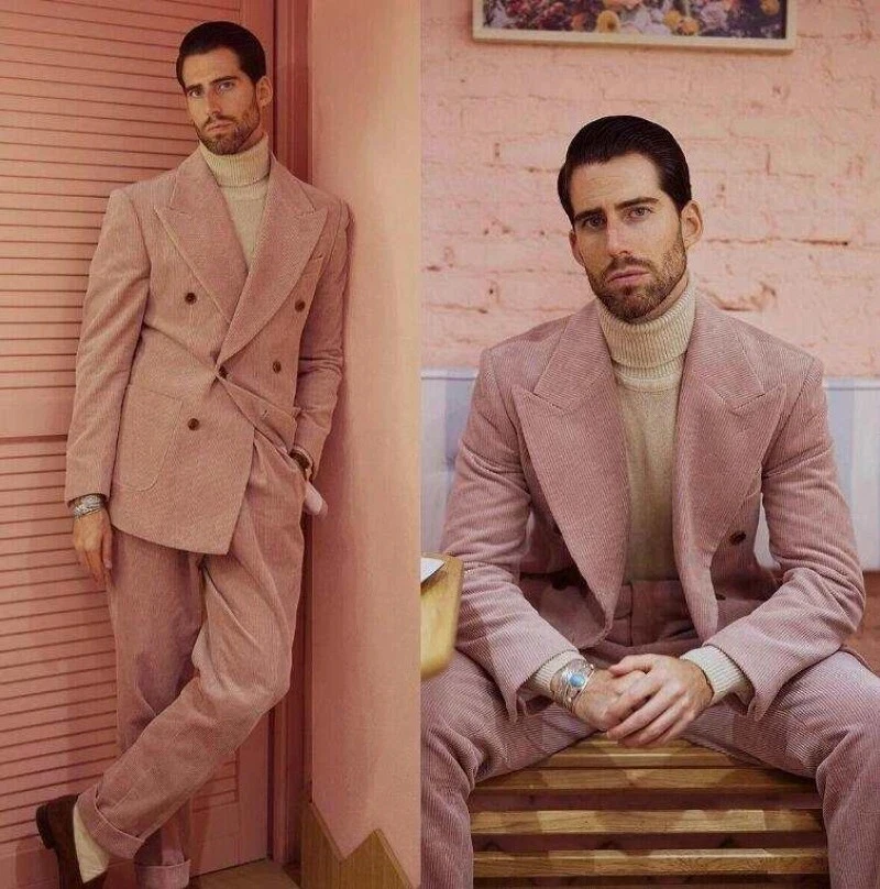 

High Quality Men Groom Wedding Suit 2Pcs Corduroy Fabric Formal Double Breasted Business Office Set Prom Party Outfit Customized