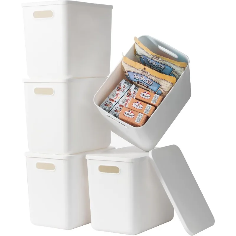 

5 pack large White storage bins with Lids, Toy Box Chest with Handle，Organizer Containers Baskets for Baby,Nursery，Shelv