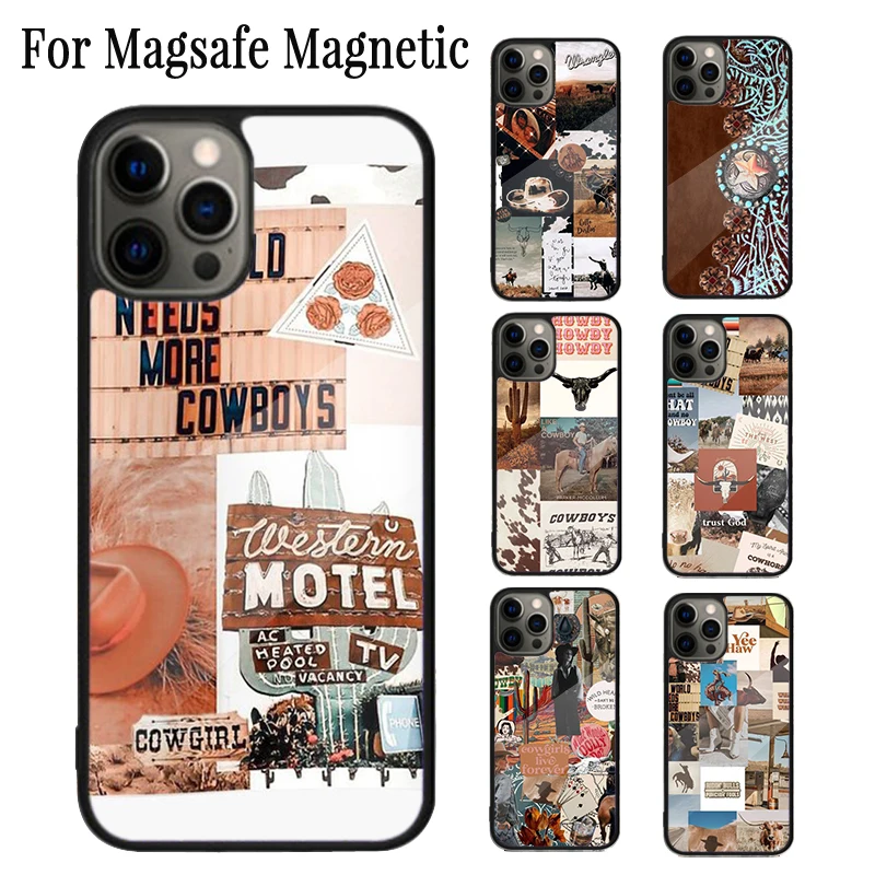 Cowboy Cowgirl Western Ranch Boho Magnetic Phone Case For iPhone 16 15 14 Plus 13 12 11 Pro Max Magsafe Wireless Charging Cover