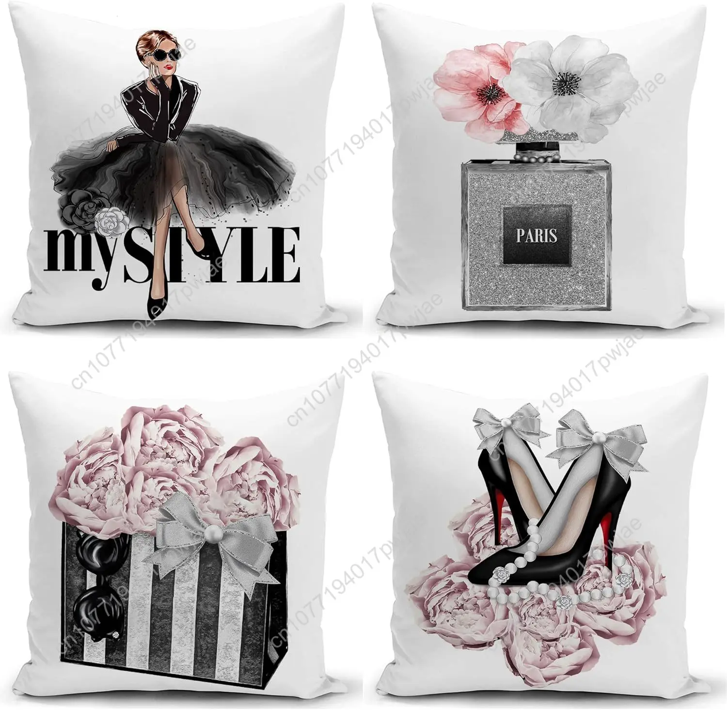 

Set of 4 18x18 Pink Throw Pillow Covers Couch Bed Decorative Pillow Covers Fashion Girls Silver Perfume Flowers Cute Accent Pill