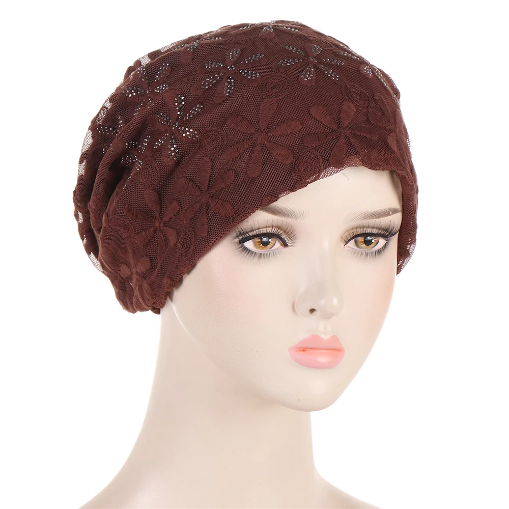 

Indian Women Rhinestone Lace Turban Hat Breathable Muslim Hijab Chemo Cap Hair Loss Female Headwear Bonnet Wrap Headcover Cap