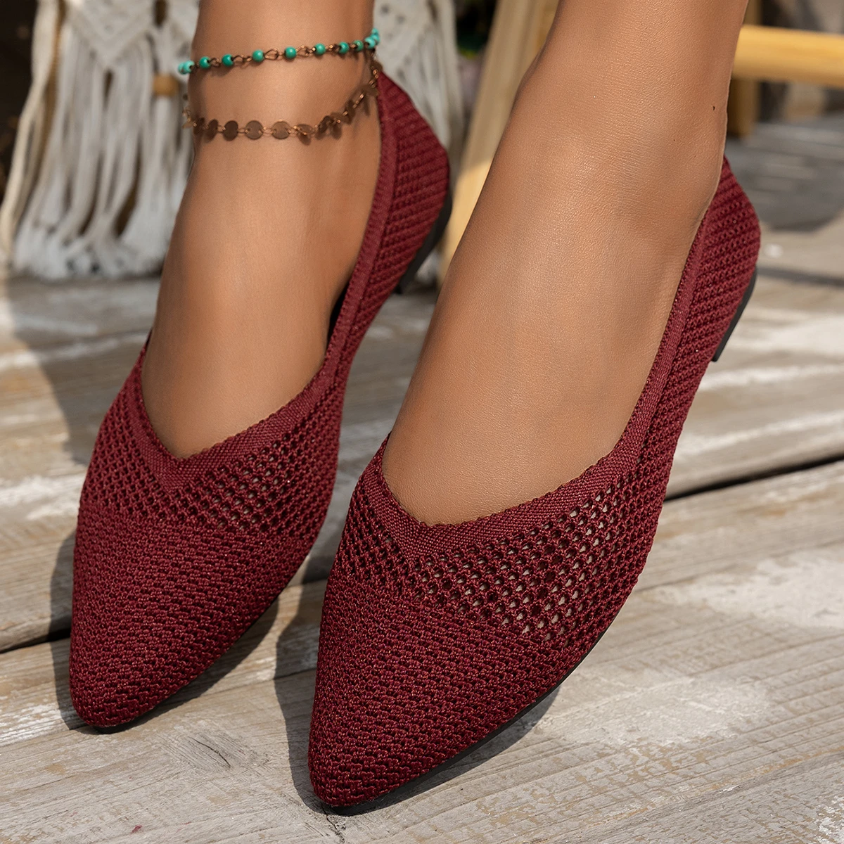 Neue Frauen Spitz Wohnungen Schuhe Casual Atmungsaktive Ballett Turnschuhe Frauen Leichte Einfarbig Gestrickte Slip auf Damen Loafer – Detail 10