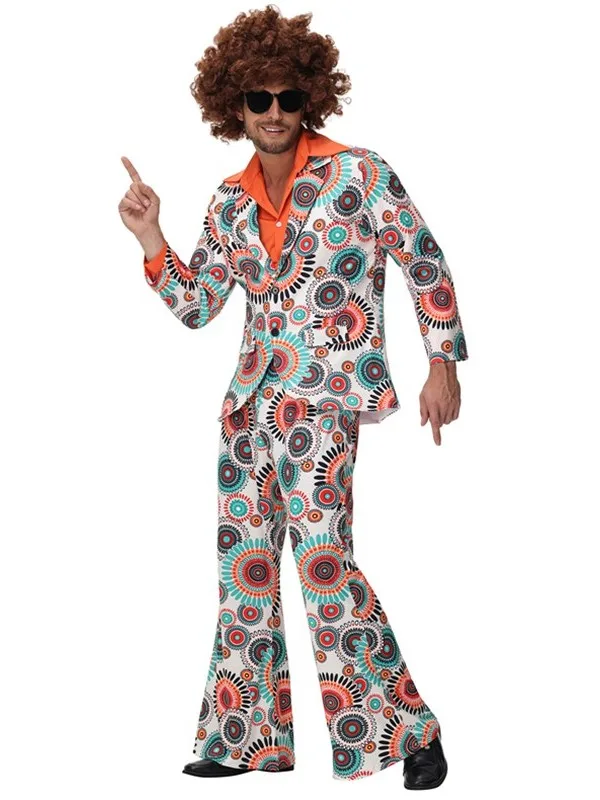 زي ديسكو للأزواج بطراز الهيبيين من السبعينيات، ملابس ريترو مطبوعة للهالوين، أزياء تقليدية من ألياف البوليستر للعروض المسرحية