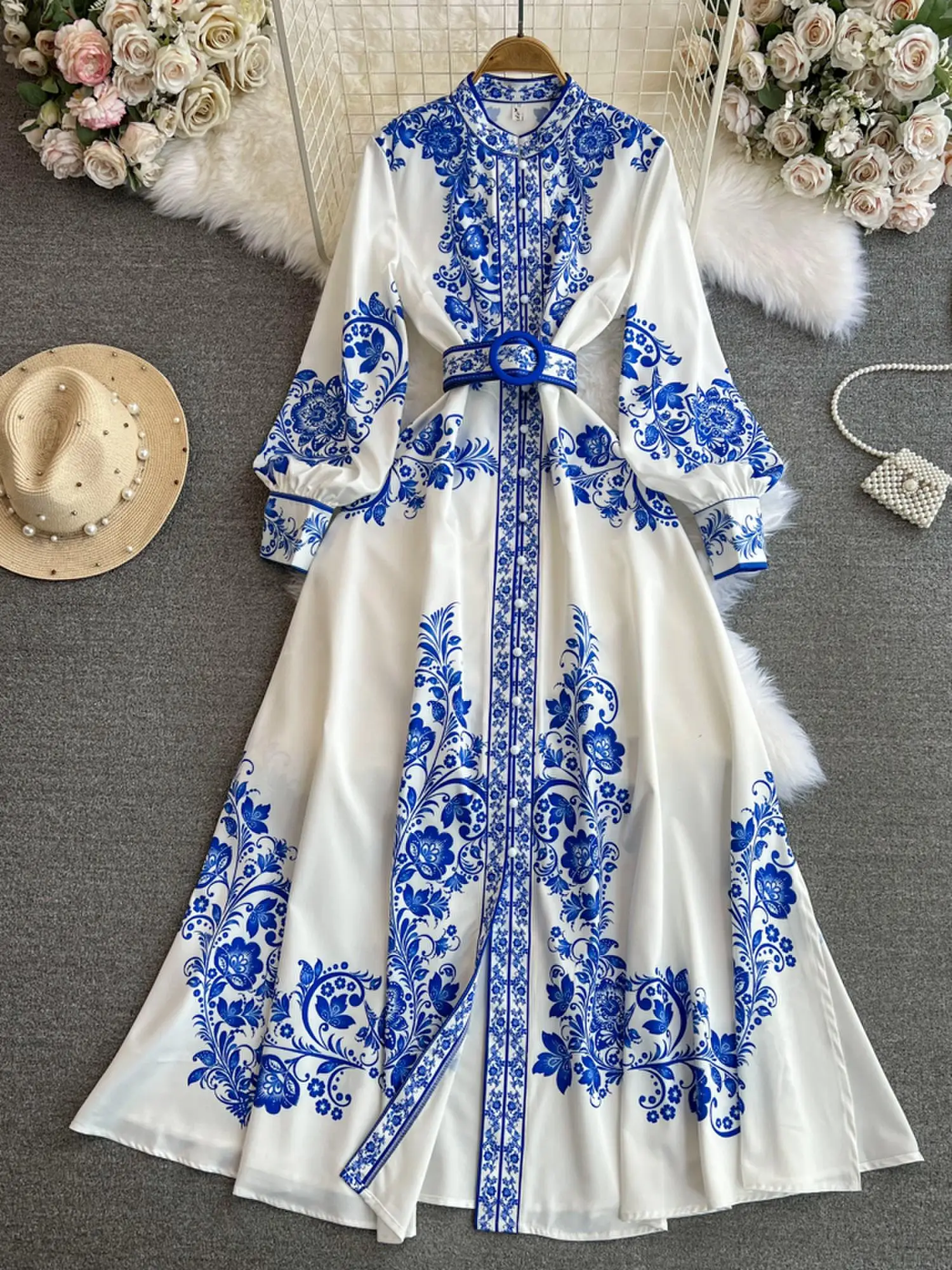 

2024 Fashion Runway Palace Maxi Dress Women Long Lantern Sleeve Buttons Down Blue Flower Print Elegant Belt Party Vestidos