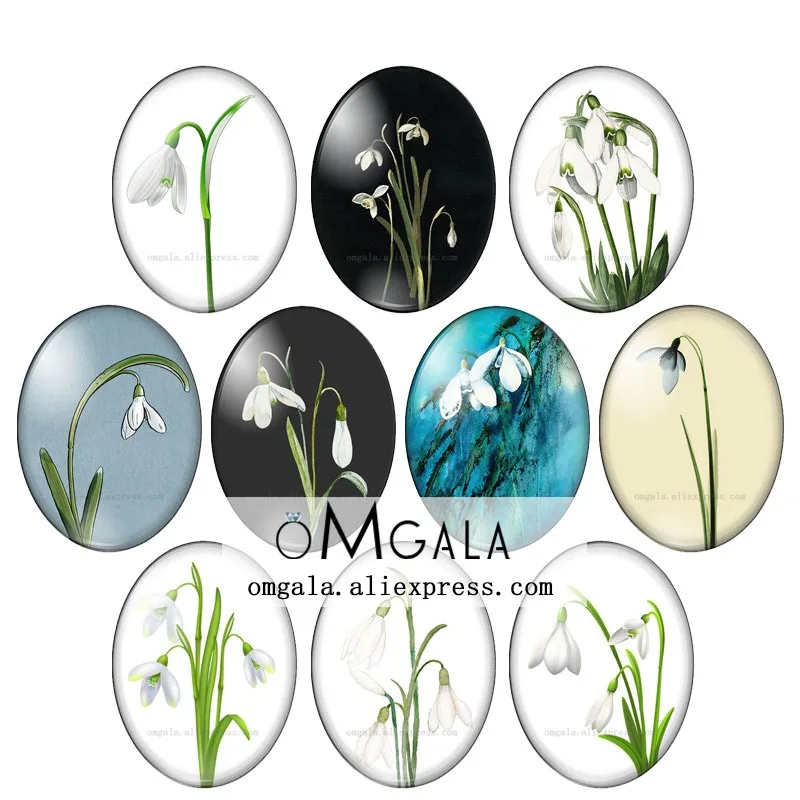 Snowdrop flower Paintings 10pcs 13x18mm/18x25mm/30x40mm Oval photo glass cabochon demo flat back Making findings