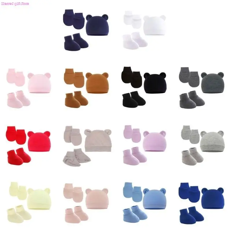 

D0JC Baby Ears Newborn Hats Mittens and Socks Set for Boys Girls Beanie Hat 0-6 Month Baby Stuff (Pack of 3)