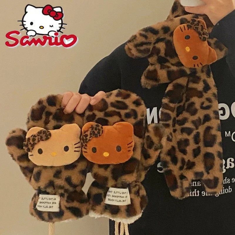 

Kawaii Leopard Print Hello Kitty 2024 New Winter Windproof Thick Warm Scarf Plush Hanging Neck Full Finger Gloves Holiday Gifts