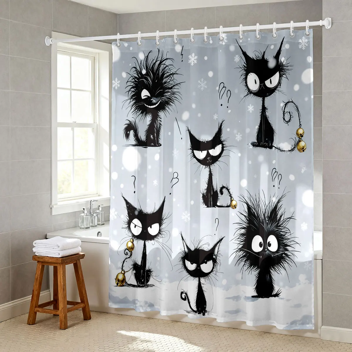 1pc Cute Cartoon Cat Print Waterproof Shower Curtain Hanging Curtain 12 Hooks Multi Size Decoration Machine Washable
