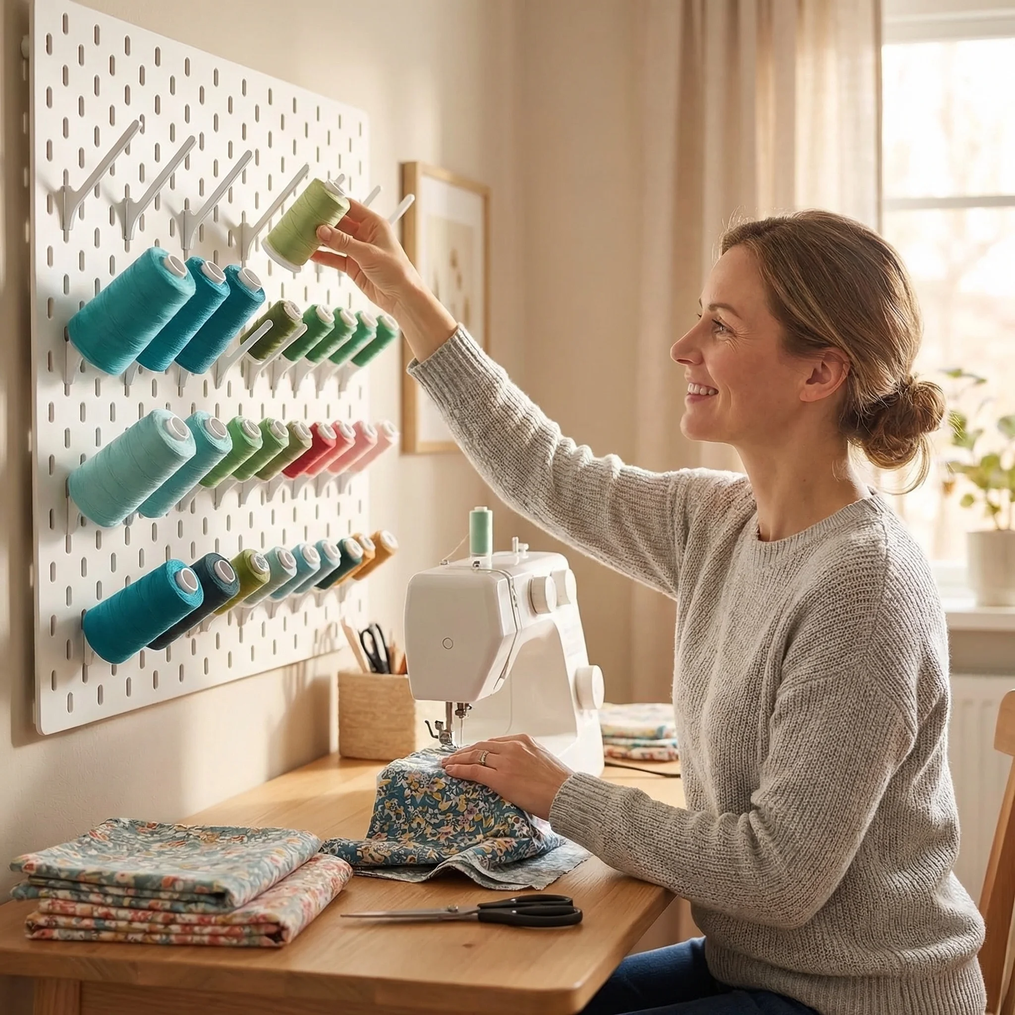 12-teiliges weißes Lochblech-Set 45 ° Spulen-Haken Pegboard-Zubehör Display-Haken Organizer für Handwerk Stickerei Nähgarnrollen – Detail 6
