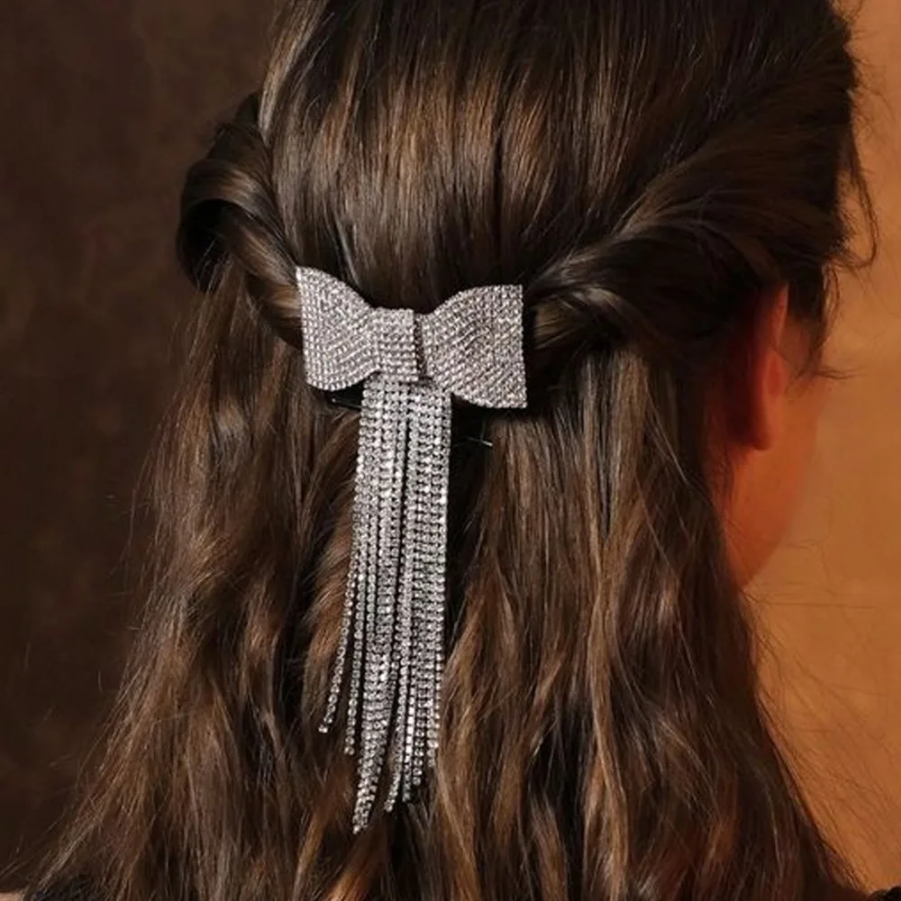 New Rhinestone Bow Fringe Hairpin Temperament Light Luxury Long Tassel Rhinestone Hairpin Bow Hair Clip Women