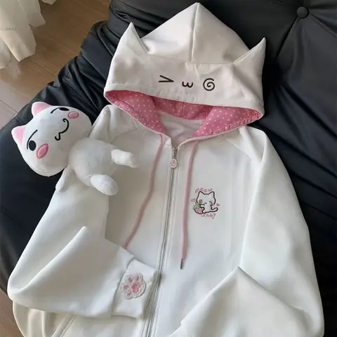 Japon Kawaii Uzun Kollu Kapüşonlu Üst Kedi Nakışlı Karikatür Baskılı Kadın Günlük Sweatshirt Y2k Patchwork Fermuarlı 2025 Sonbahar