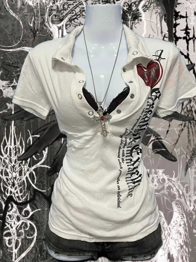 Subculture Y2k Millennial Slim Outfits Hot Girl White Sexy Letters Short Sleeve T-shirt Streetwear Vintage Slim Waist Women Tops