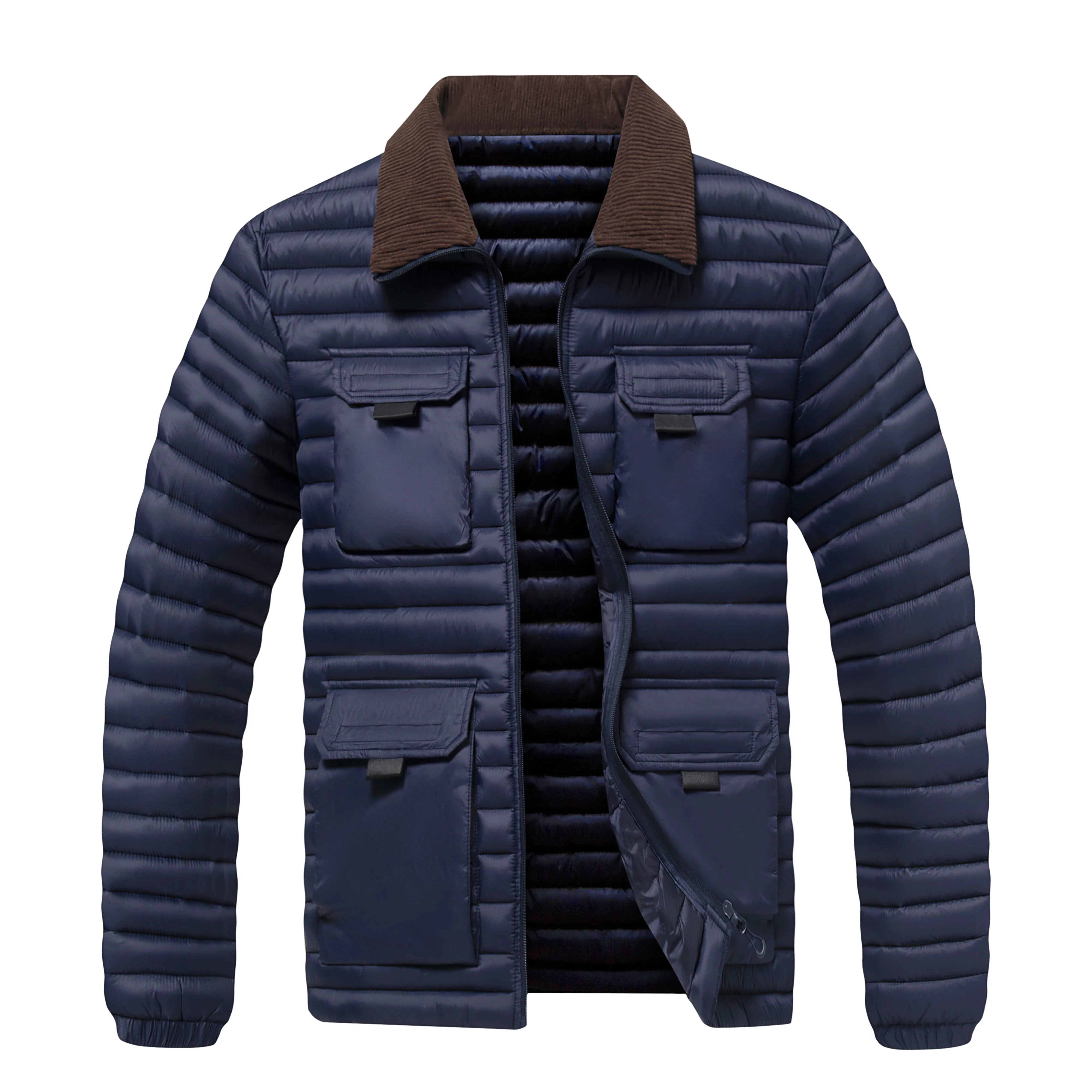 2026 New Men's Casual Outdoor Jacket Winter Corduroy Collar Multi Pocket Quilted Cotton Lightweight Windproof Warm