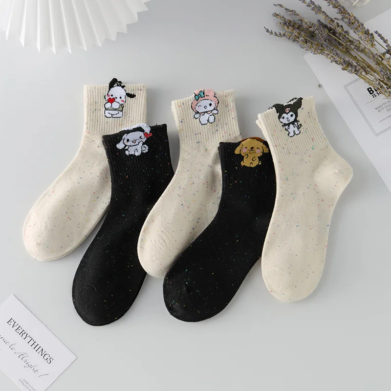 Sanrio Hello Kitty Y2k Socks For Girls Medium Kuromi Cinnamoroll Melody Socks Kawaii Socks Rosered Black White Sock Women Female