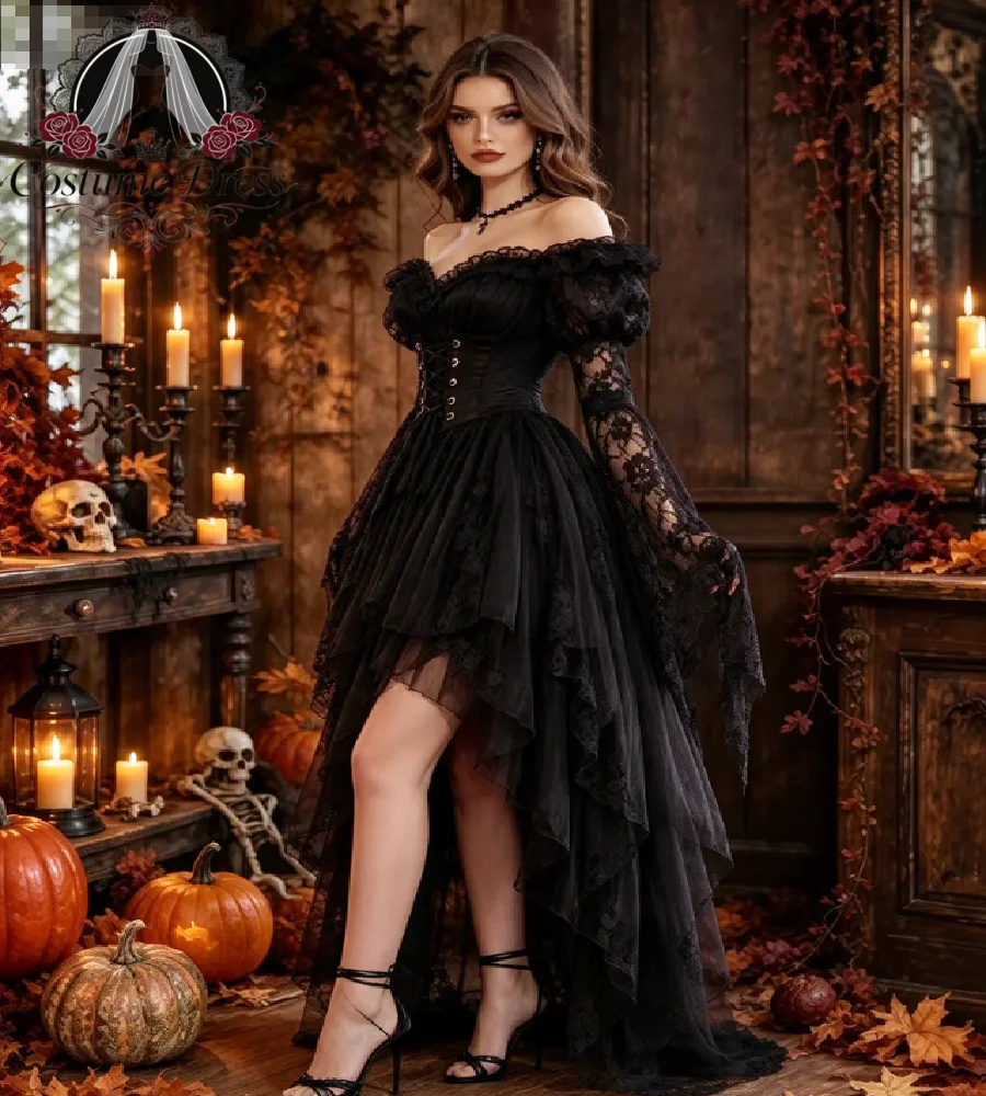 Gothic Victorian Hi Low Evening Dress 2027 Off Shoulder Lace Long Sleeve Short Halloween Prom Gowns Cosplay Tiered Tulle Party