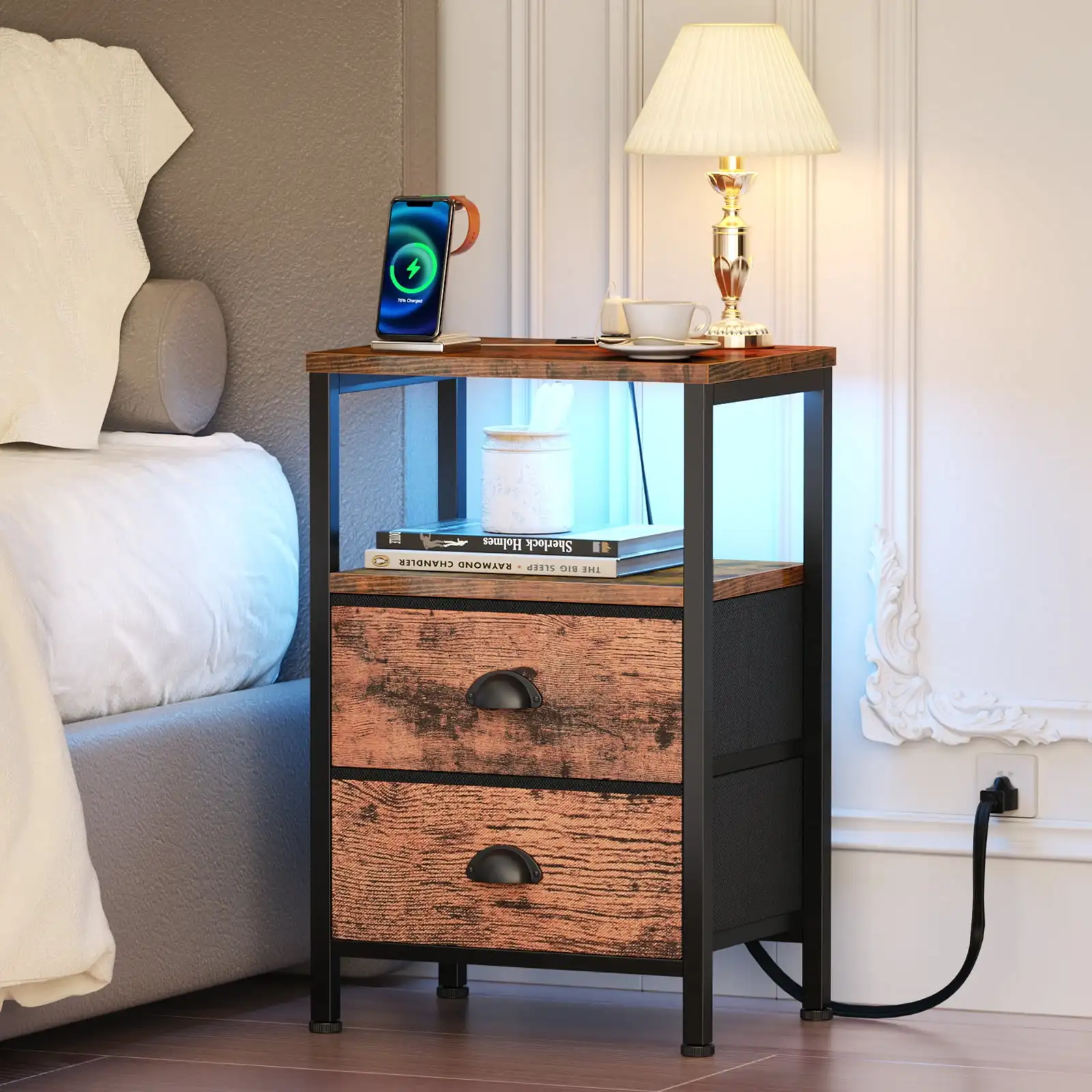 

Bedside Table with Charging Station,LED Nightstand with 2 Fabric Drawers,Rustic Brown