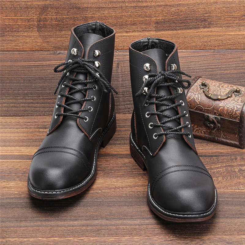 

Handmade Vintage Men Real Leather Shoes Autumn Winter British Ankle Boots Top Quality Platform Boots Tooling Motorcycle Boots