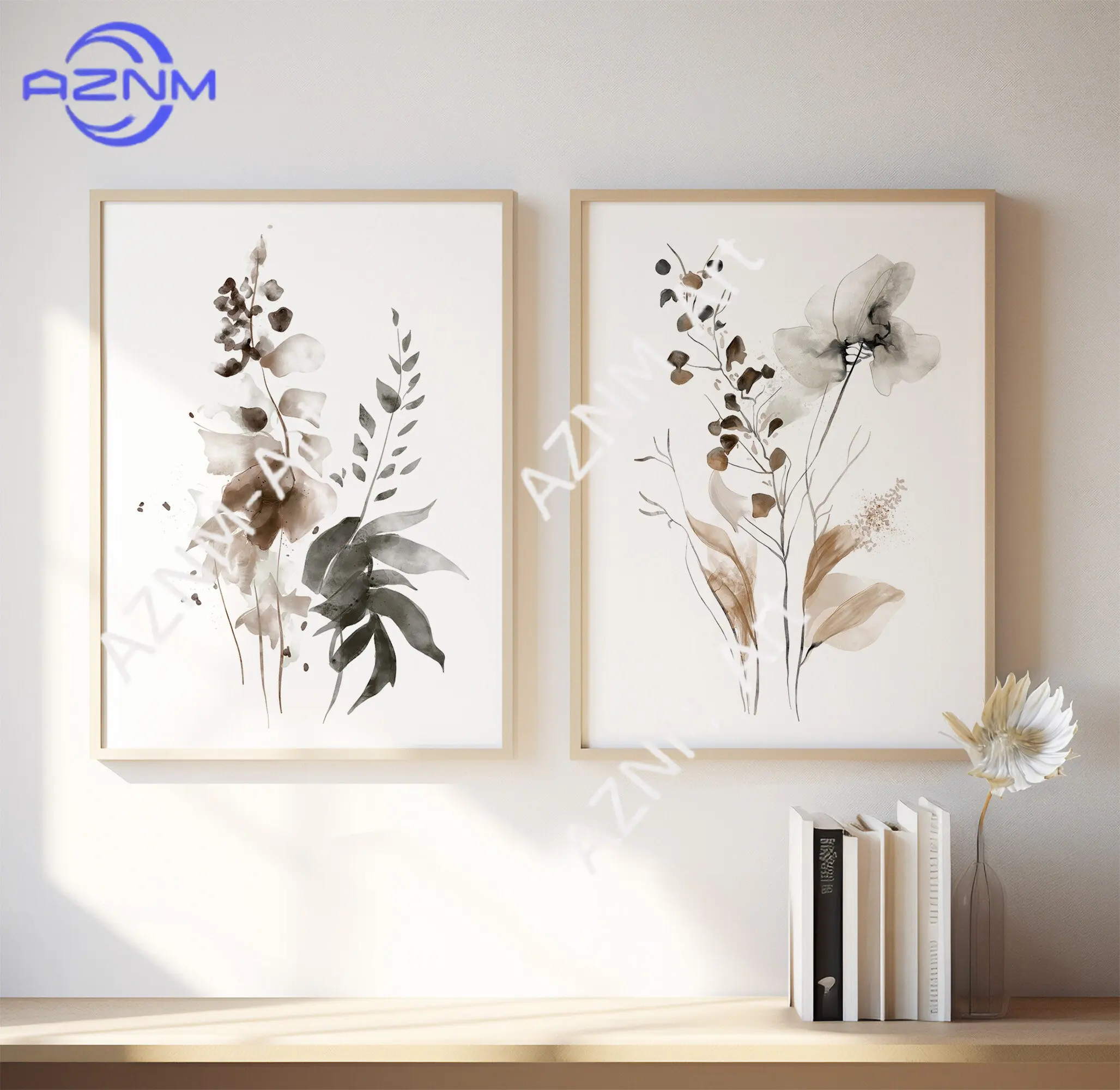1PC/2PCS Sepia Botanical Art Print Elegant Floral Foliage Mi