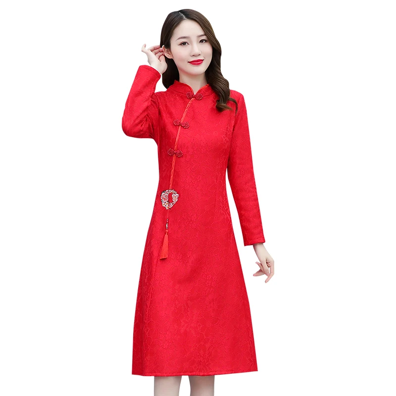 Autumn Long Sleeve Retro Traditional Chinese New Year Red Evening Dresses Modern Improved Cheongsam Asian Clothing for Women