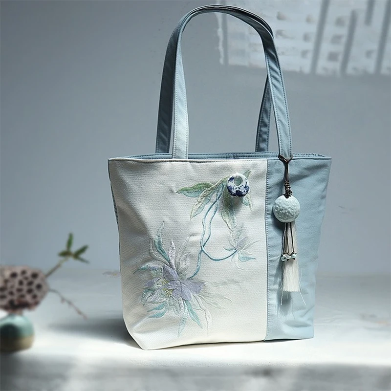 

Холщовая сумка на плечо большой вместимости в китайском стиле с цветком сливы, эпифиллиум, вышитая художественная простая и классная большая сумка