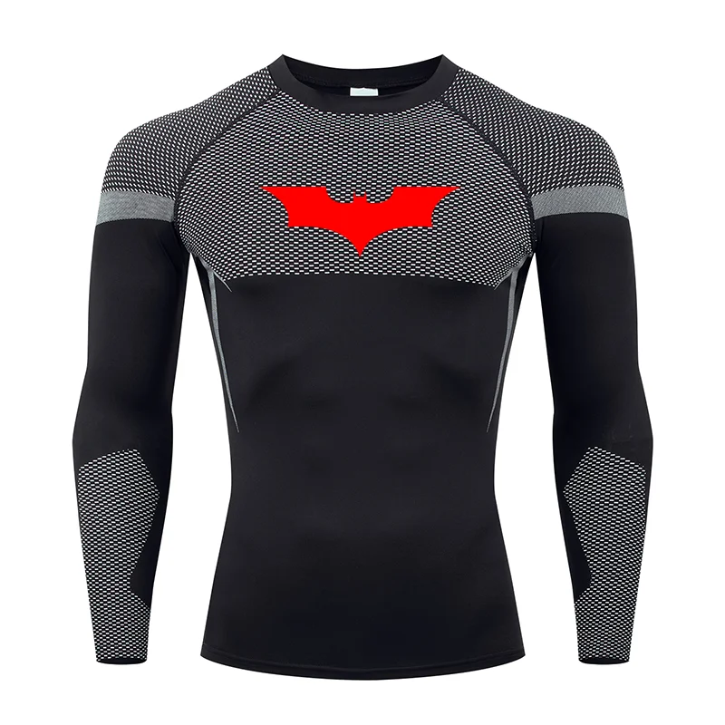 قمصان مضغوطة بأكمام طويلة مطبوعة على شكل خفاش للرجال في صالة الألعاب الرياضية والجري تي شيرت رياضي سريع الجفاف تي شيرت علوي للحماية من الطفح الجلدي #5