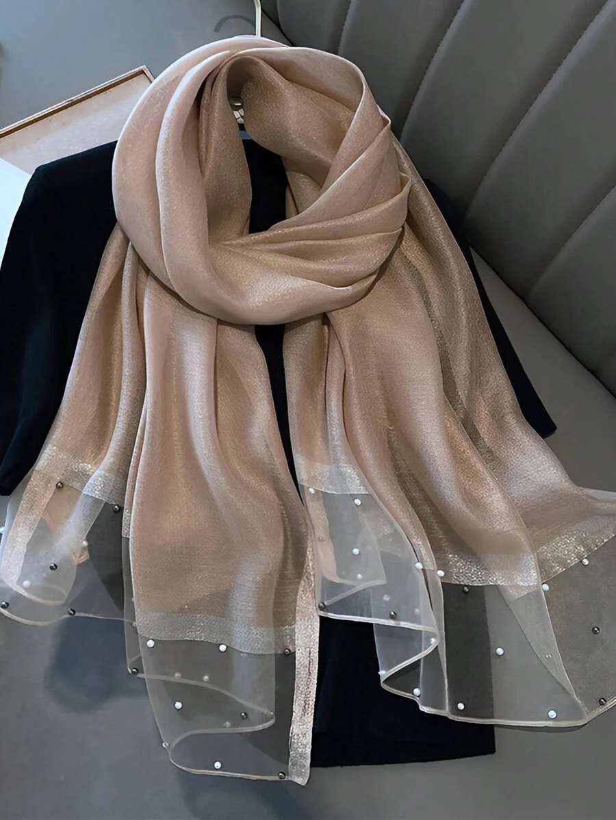 

Elegant Faux Pearl Beaded Silk Wool Blend Scarf Shawl For Women, Solid Color, Long Wrap For Summer Sun Protection Winter Warmth
