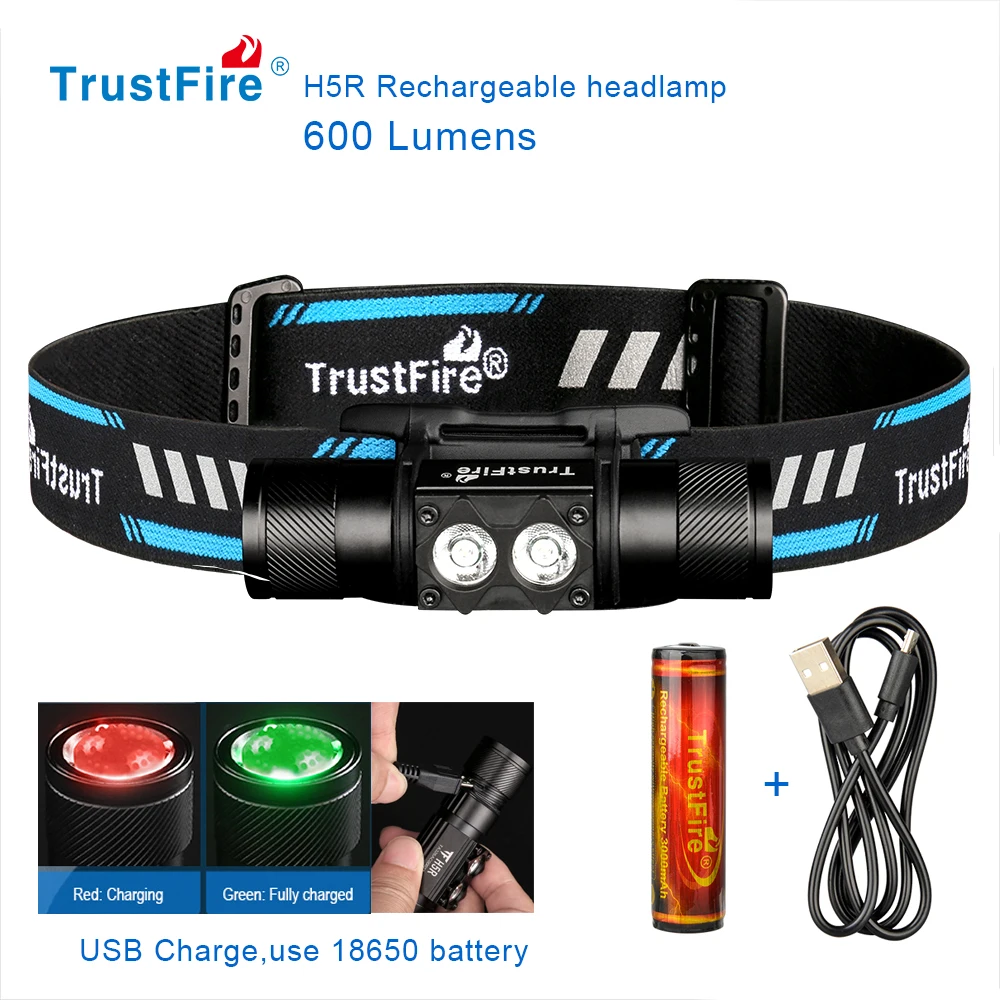 Trustfire H5R Headlamp 600 Lumens Dual LEDs USB Rechargeable Lamp Headlights 18650 Head Flashlights Fishing with Power Indicator sandiy led arrow indicator light waterproof universal wall lamp for garage basement channel ramp passage entrance step 12v 220v