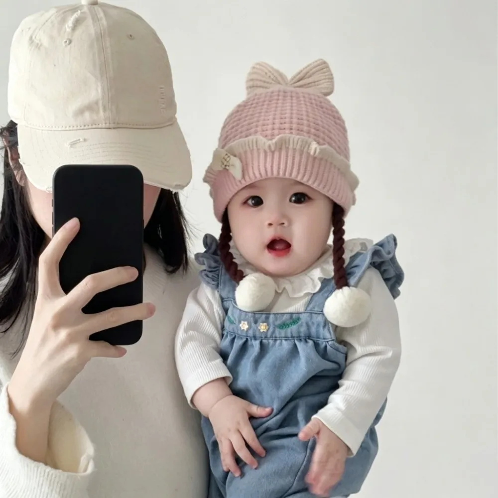 Sweet Bow Decor Knit Hat Wig Braid Crochet Style Winter Cap Cozy Fabric Soft Warm Beanie Hat for Toddler Girls