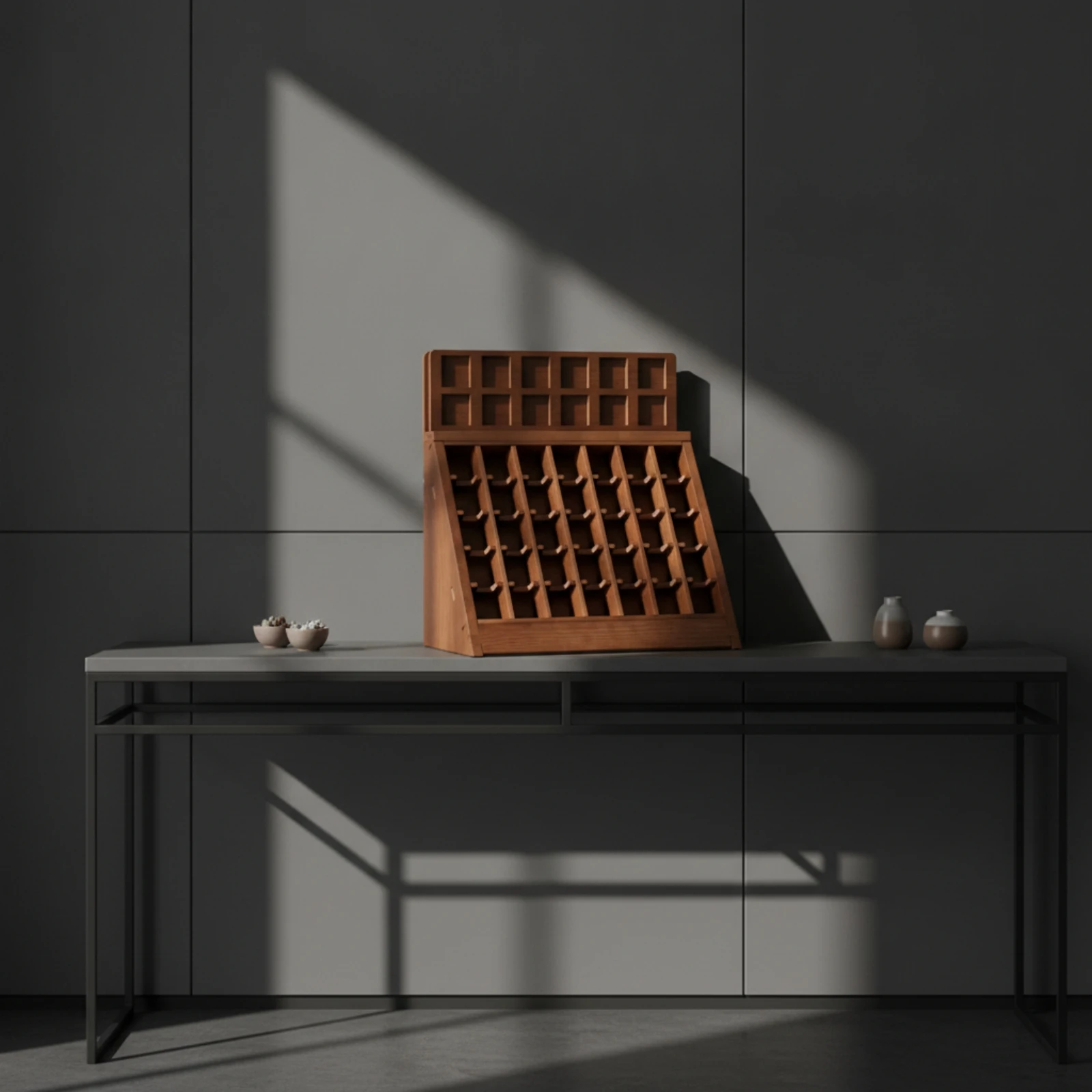 Floor-Standing Grid Display Rack Wood-Grain Wooden Display Rack Organizer Compact Divided for Collectors, Shop Counter, Studio