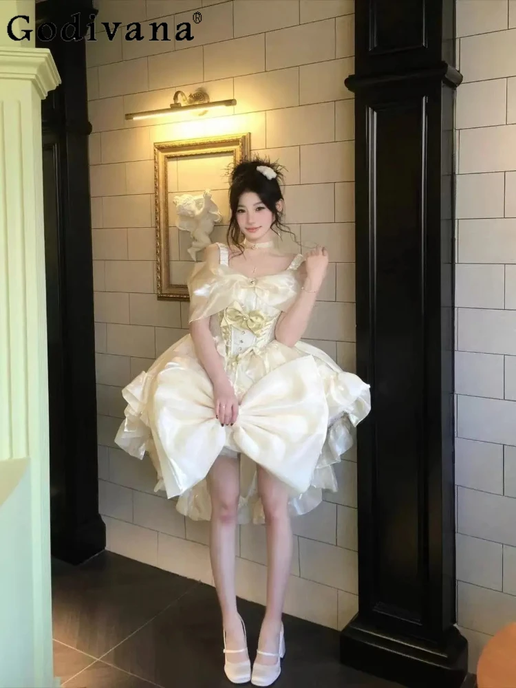 

Lolita Elegant Square Neck High Waist Sweet Bow Princess Dress Spring Summer New Girls A-line Lace-up Age-reducing Fairy Dresses