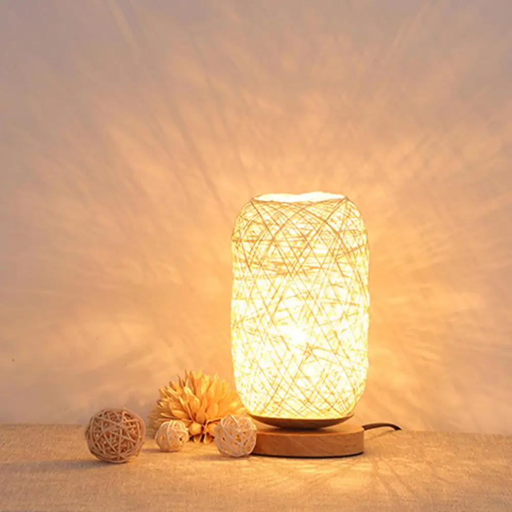 Nuovo Design unico di alta qualità in legno Rattan spago palla luci lampada da tavolo scrivania luce ombreggiatura stanza decorazione di arte della casa luce completa