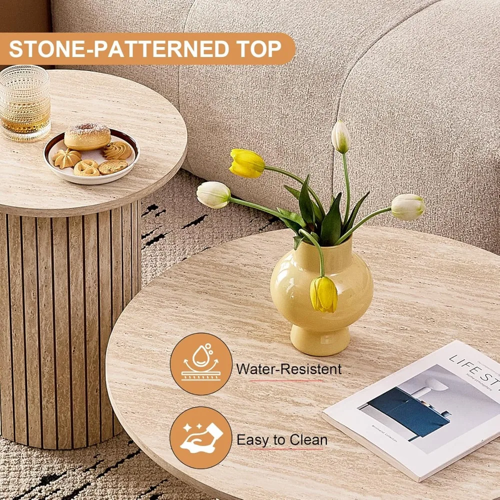 زوج من الطاولات الجانبية الخشبية الدائرية المدمجة، تصميم معاصر لمنطقة الأريكة، مثالية لتوفير المساحة في سبا المعيشة وغرفة النوم #3