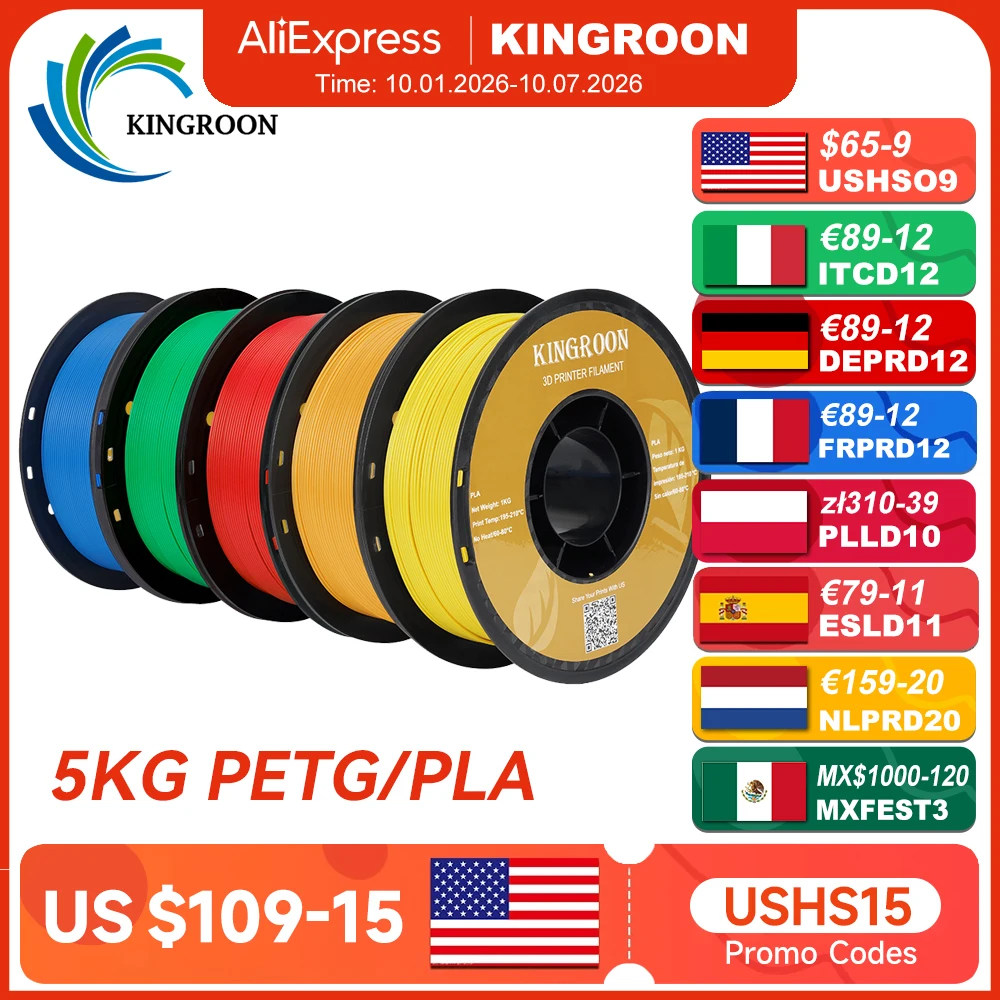 KINGROON 5KG Filamento PLA TPU PETG Colori Misti 1.75mm per Stampante 3D, Bobina Senza Bolle, Materiali per Stampa 3D, Vendita all'Ingrosso