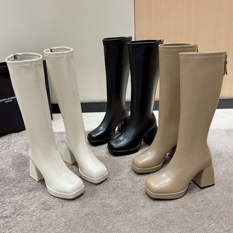 Nowe buty do kolan damskie kwadratowe obcasy dorywczo zimowe długie buty buty damskie projektant okrągłe Toe Zip moda fajne rycerz Bootties