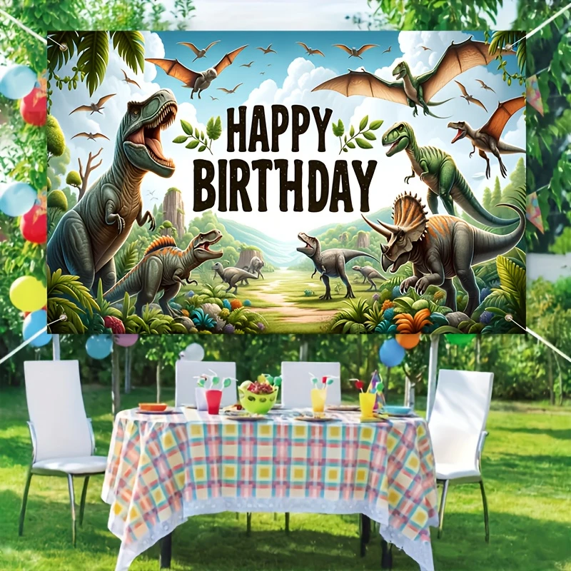 Jurassic dinosaur banner, happy birthday photo decoration background, perfect for family gatherings and birthday parties