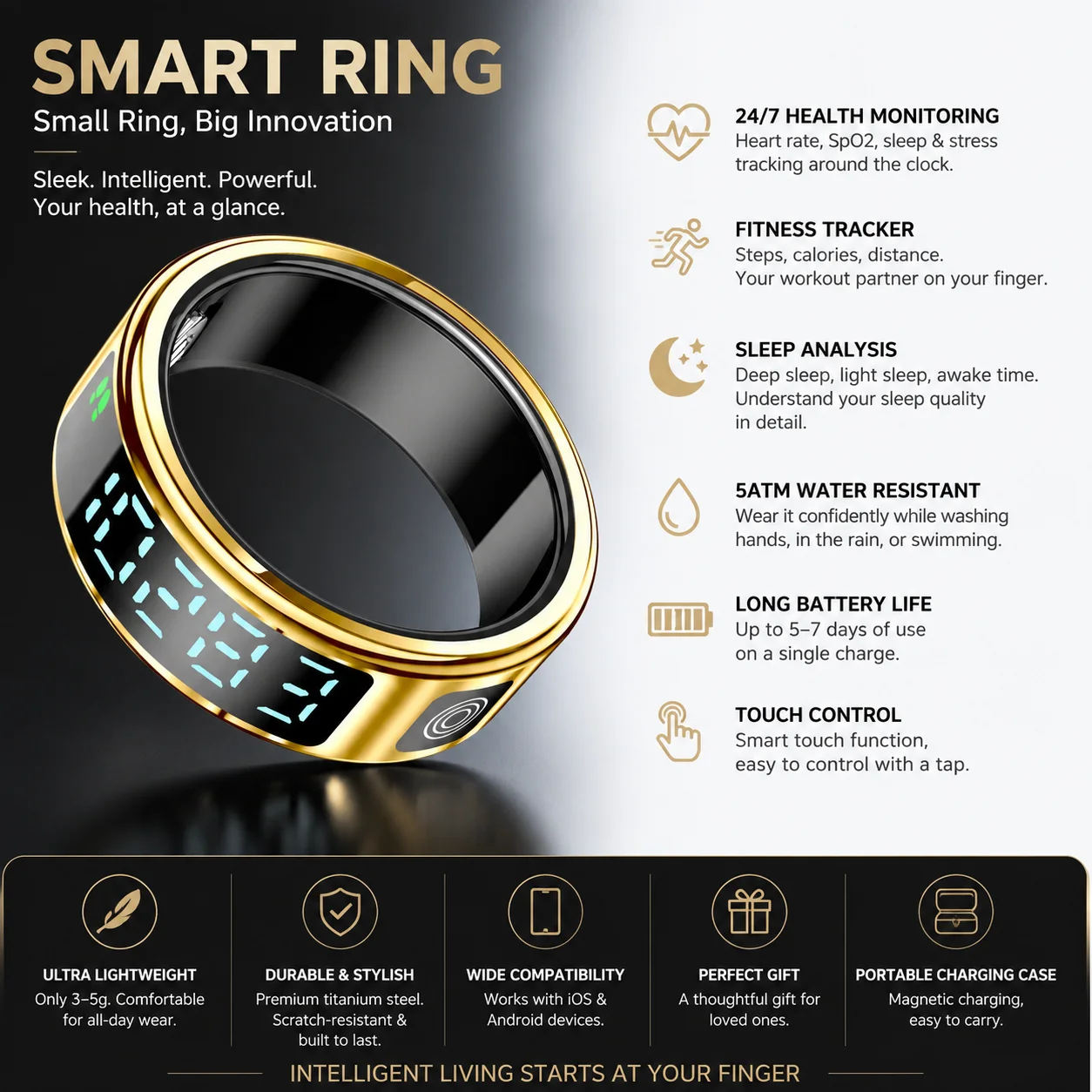 2026 new smart ring with charging compartment HD screen sports mode photo control,5ATM waterproof smartring ,for ios andriod