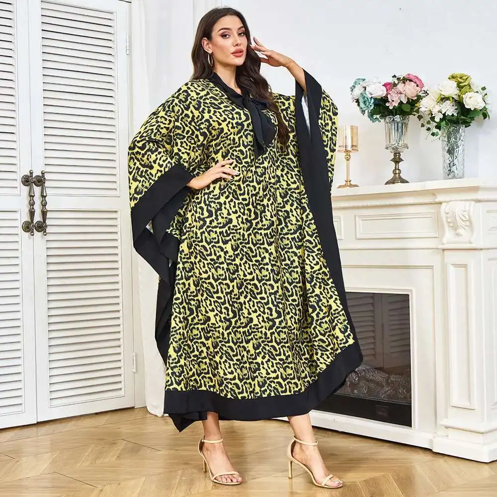 New Fashion Leopard Print Robe Loose Large Sleeve Bow Tie Decorated Muslim Dress Women's Clothing Dubai Luxury Islam Elegant