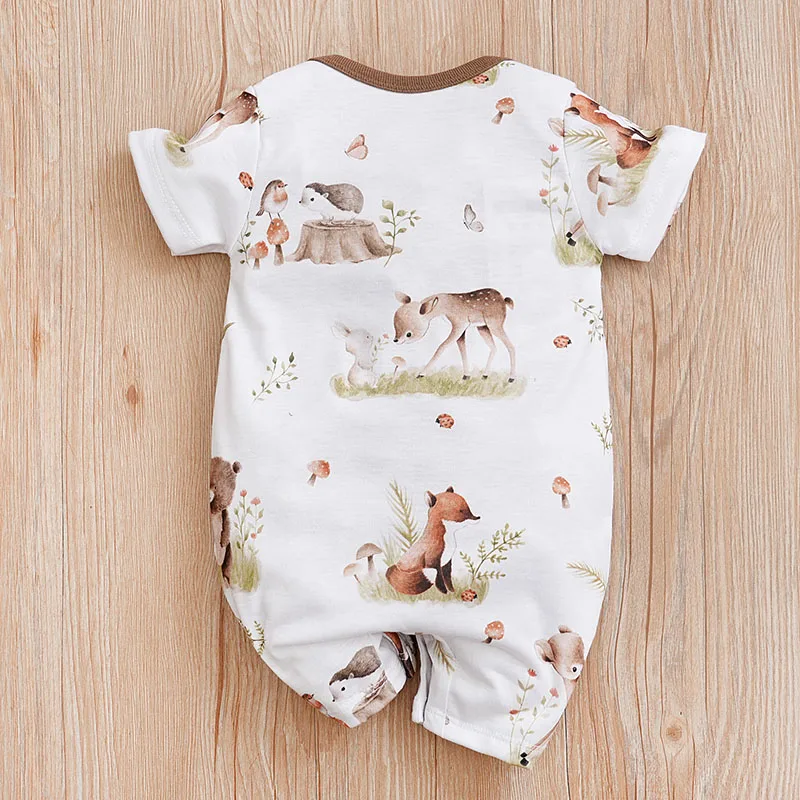 Summer Boys And Girls Cute Cartoon Animal Print Comfortable Casual Short Sleeve Baby Bodysuit