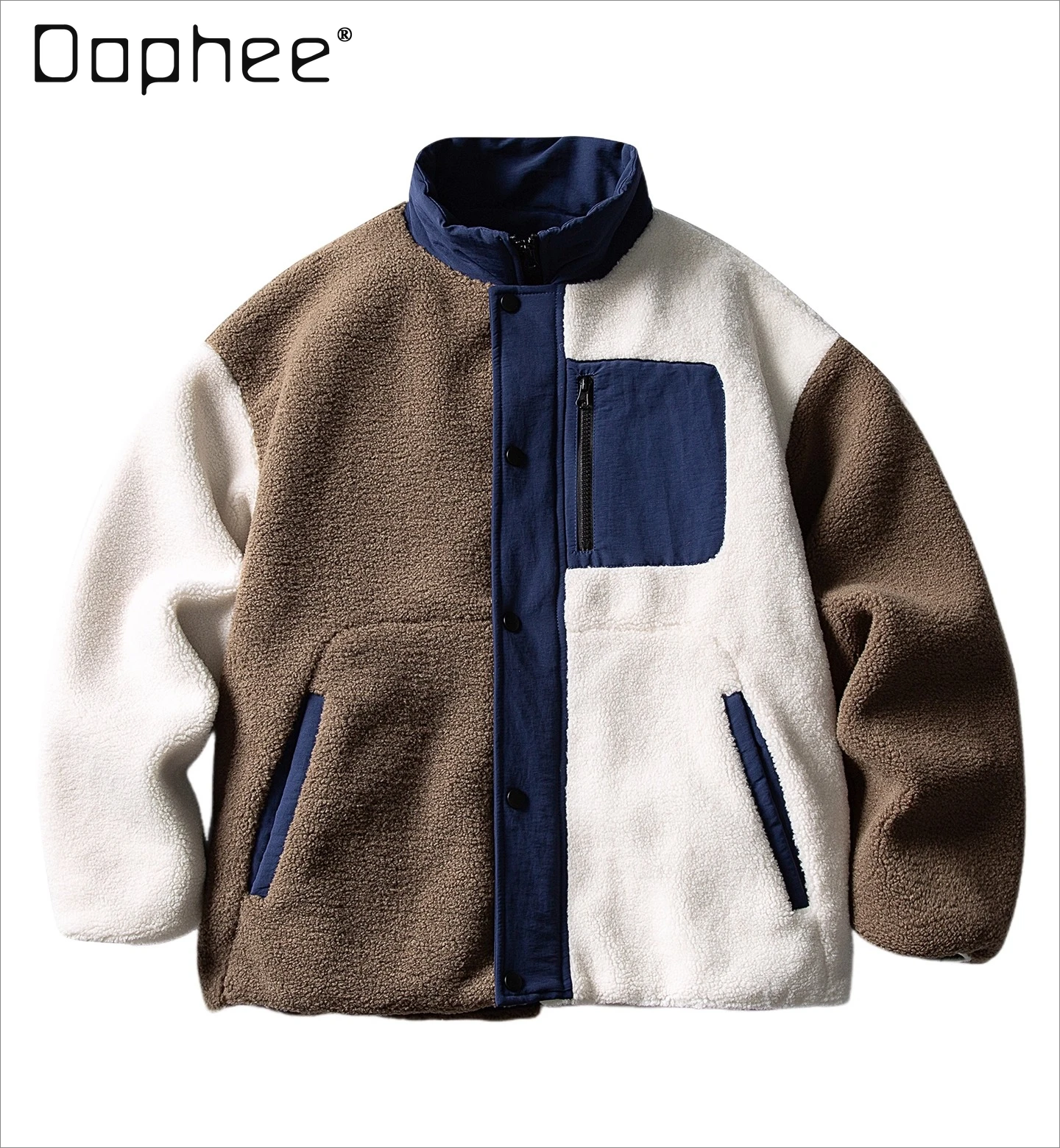 Autumn Winter New Men's Beige Patchwork Stand Collar Lamb Wool Cotton Jacket Retro Couple Loose Casual Versatile Cotton Coat