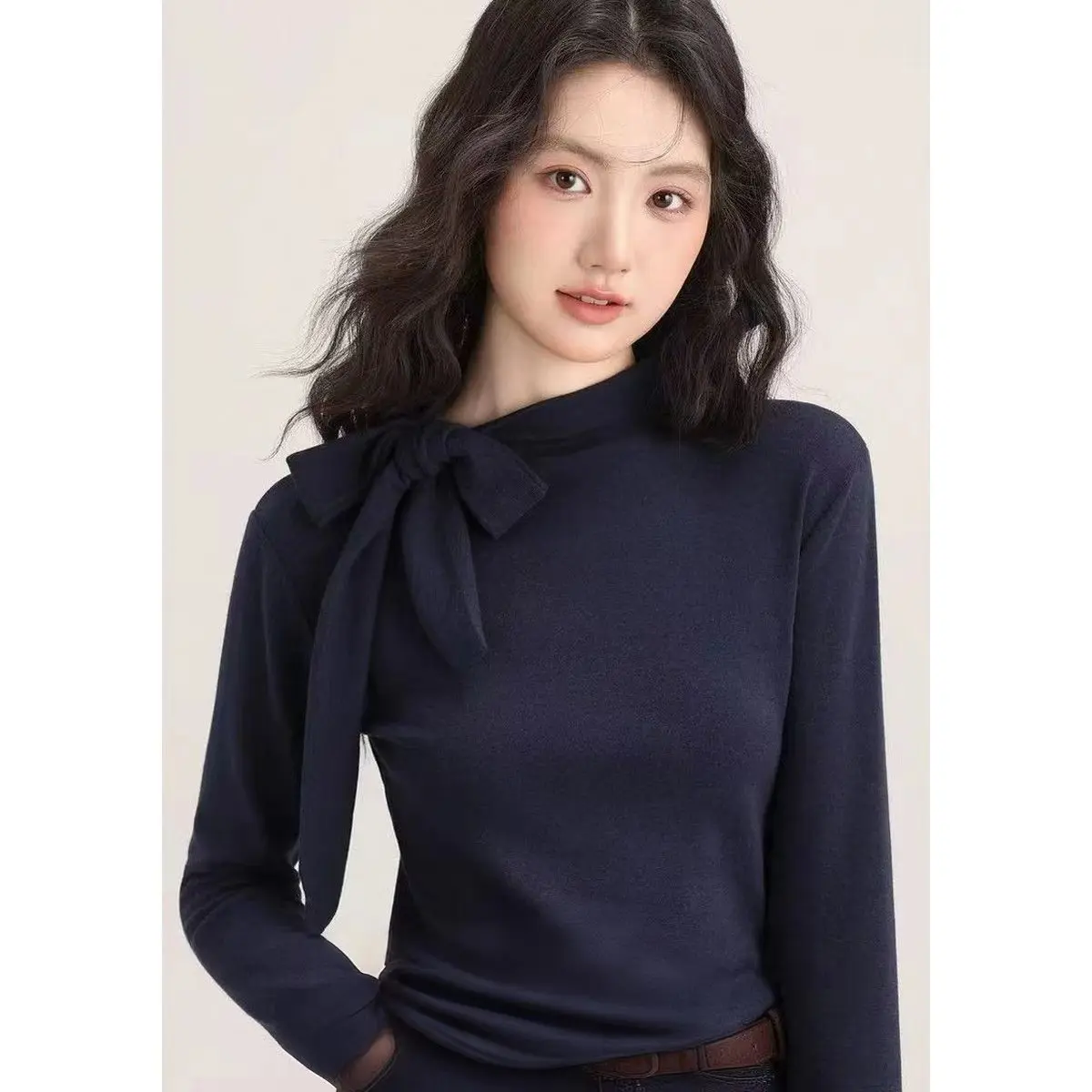 Women Mock Neck Bow Tie Long Sleeve Top Slim Fit Solid Elegant Flare Cuff Layering Blouse